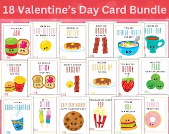 Printable Valentine's Day Card Bundle - 18 Food Pun Cards - Instant Download PDF - Kids' Valentine's Day Cards