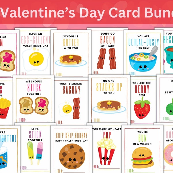 Printable Valentine's Day Card Bundle - 18 Food Pun Cards - Instant Download PDF - Kids' Valentine's Day Cards