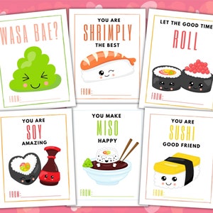 Printable Sushi Valentine&#39;s Day Cards. Instant download kids Valentine&#39;s Food Pun Card. PDF
