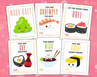 Printable Sushi Valentine's Day Cards. Instant download kids Valentine's Food Pun Card. PDF