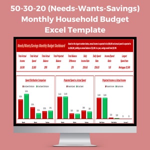 50-30-20 (Needs-Wants-Savings) Monthly Household Budget Excel Template