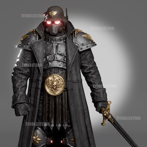 May include: A black armored action figure wearing a long trench coat, a helmet with glowing red eyes, and a face mask. The figure features gold eagle emblems on the shoulders and belt, and holds a long sword with a gold hilt in one hand.