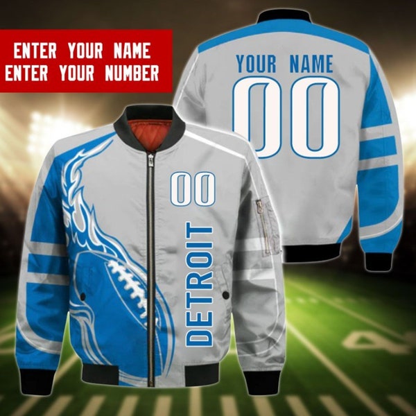 Detroit Football Custom 3D Bomber Jackets, Detroit Personalized Jersey Bomber, Detroit Football Team Unisex Jackets Coats, Gift For Fan