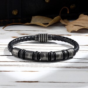 Custom 2-5 Kids Name Vintage Beaded Bracelet, 7.48 Inches Leather Bracelet for Men Personalized Birthday Gifts for Dad, Father&#39;s Day Gifts