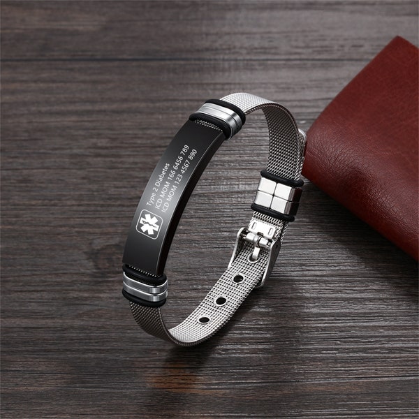 Medical Alert Bracelet for Men, Custom Alert ID Bracelet, Stainless Steel Medical Bracelet, Emergency Survival Wristband Bracelets