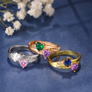 Anillo de la madre con piedras de nacimiento del niño, 2 anillos de piedra de nacimiento familiar, anillo de boda grabado, anillo de compromiso de piedra doble, anillo de promesa para ella