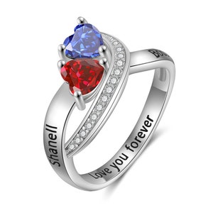 Anillos de promesa para ella, regalo personalizado, anillos de nombre personalizados, anillo de 2 piedras de nacimiento, anillo de madre, joyería de plata esterlina, anillos de compromiso de pareja