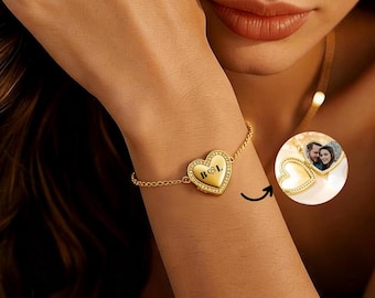 Armband med fotomedaljong i vintagestil, armband med diamantmotiv och hjärta, smycken med bildminne, present till henne, födelsedagspresent