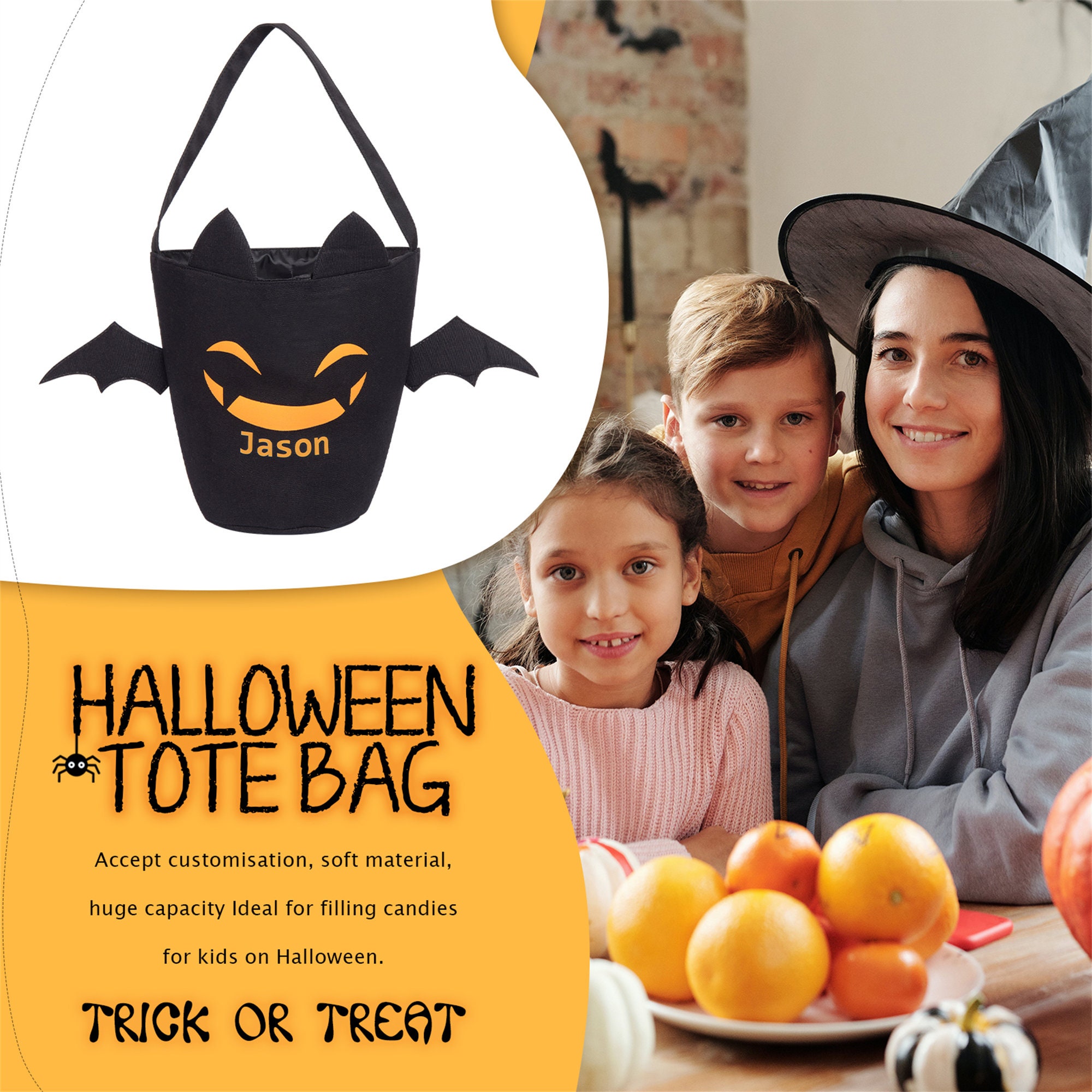 Halloween Candy Bags with Name, Trick or Treat Tote, Halloween Bats Packet , Monogrammed Halloween Bucket Basket Bag for Kids
