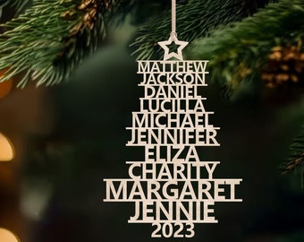 Adornos navideños familiares, Adorno navideño con apellidos, Adorno de árbol de Navidad, Signo de árbol con nombres cortados con láser, Adorno navideño