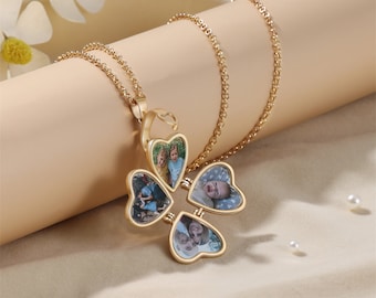 Folding Heart Locket Necklace, Four Photo Locket Necklace, Memorial Locket Necklace, Picture Inside Necklace, Gold Locket Necklace