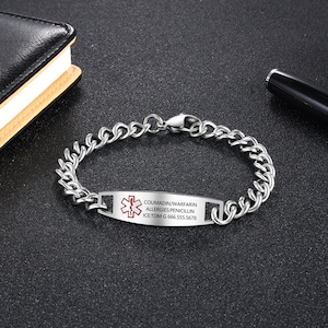 Medical Alert Bracelet, Chain ID Bracelet, Waterproof Medical Bracelet, Stainless Steel SOS Bracelet, Health Emergency Bracelet