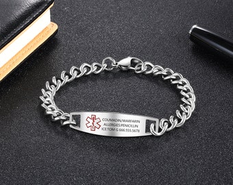 Medical Alert Bracelet, Chain ID Bracelet, Waterproof Medical Bracelet, Stainless Steel SOS Bracelet, Health Emergency Bracelet