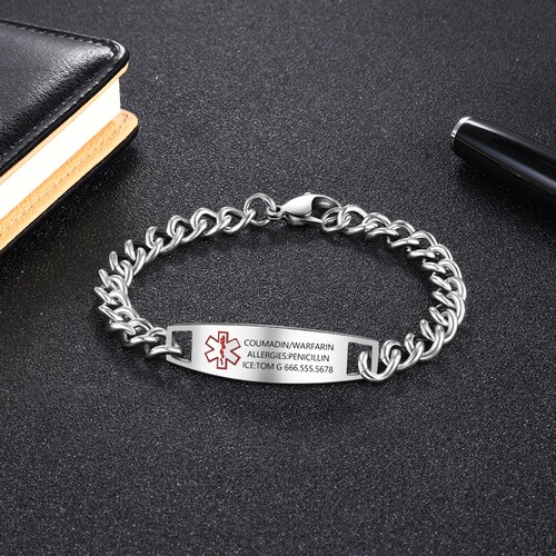 Medical Alert Bracelet, Chain ID Bracelet, Waterproof Medical Bracelet, Stainless Steel SOS Bracelet, Health Emergency Bracelet