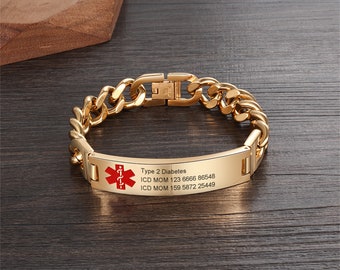 Bracciale di allarme medico, braccialetto identificativo impermeabile personalizzato, braccialetto medico in acciaio inossidabile, braccialetto di emergenza per uomo