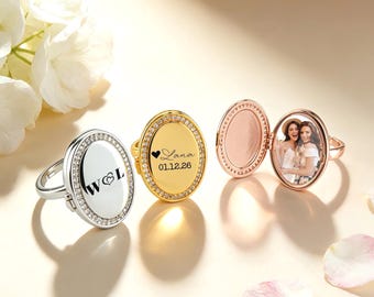 Vintage Oval Diamond Locket Ring, Custom Photo Ring, Personalized Picture Memory Jewelry, Keepsake Gift for Her, Anniversary Birthday Gift