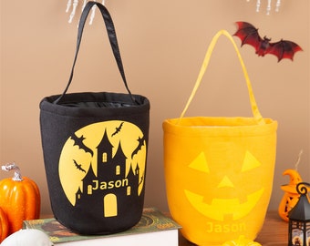 Halloween Candy Bags with Name, Trick or Treat Tote, Halloween Packet Bucket, Monogrammed Halloween Basket for Kids