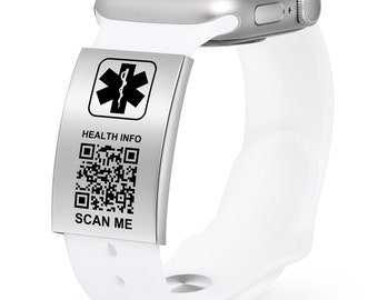 Apple Watch Band Alert Tag, with QR Code Medical Alert id Tag Bracelet, ICE emergency id, Smartwatch ID Plate, Plate for Silicone Band