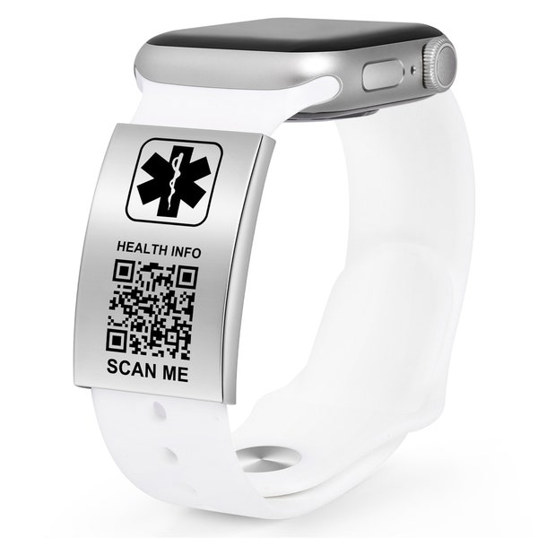 Apple Watch Band Alert Tag, with QR Code Medical Alert id Tag Bracelet, ICE emergency id, Smartwatch ID Plate, Plate for Silicone Band