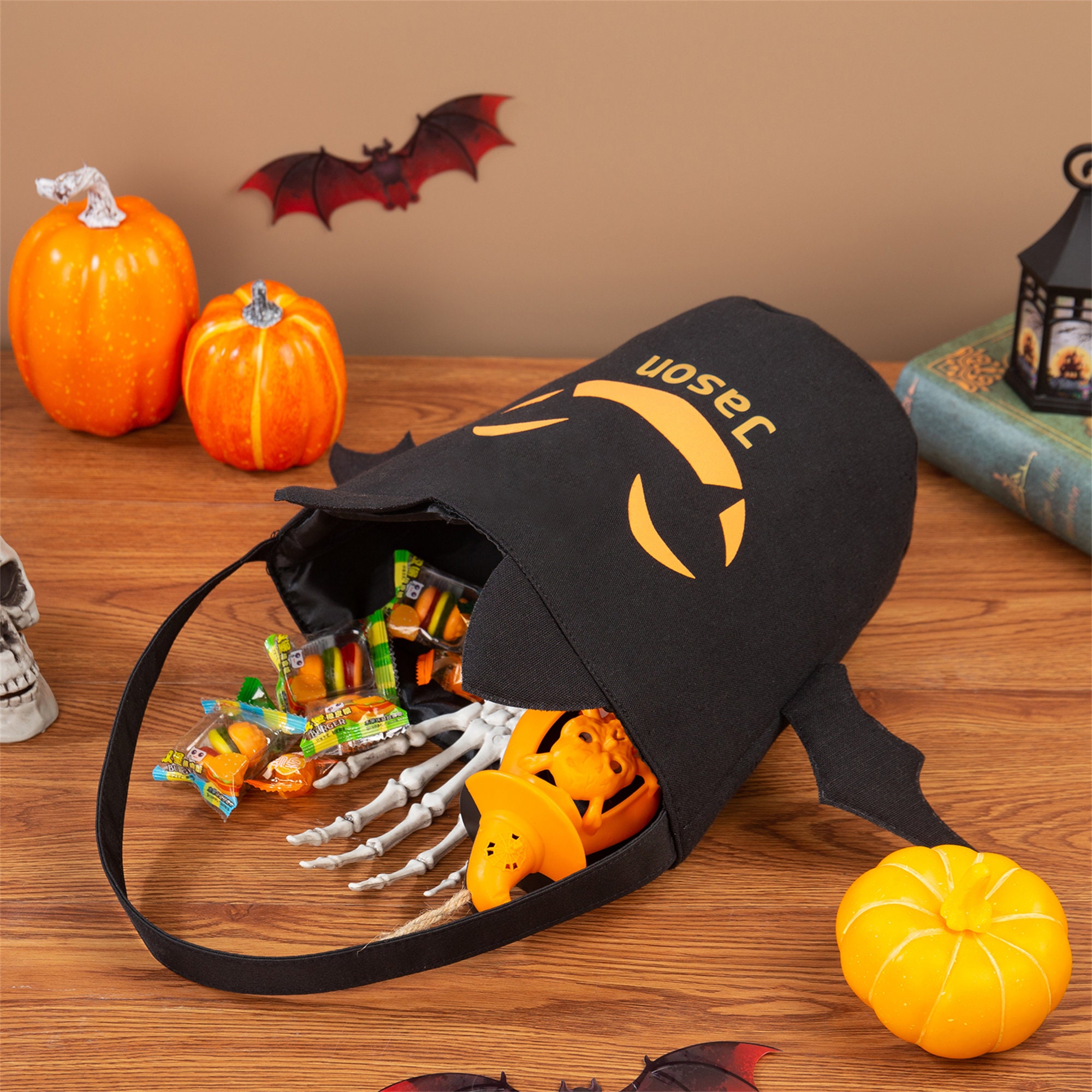 Halloween Candy Bags with Name, Trick or Treat Tote, Halloween Bats Packet , Monogrammed Halloween Bucket Basket Bag for Kids