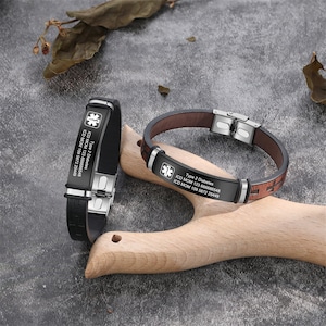 Anti Reflective Medical Alert Bracelet, Leather Medical ID Bracelet, SOS Bracelet, Emergency Bracelet for Men