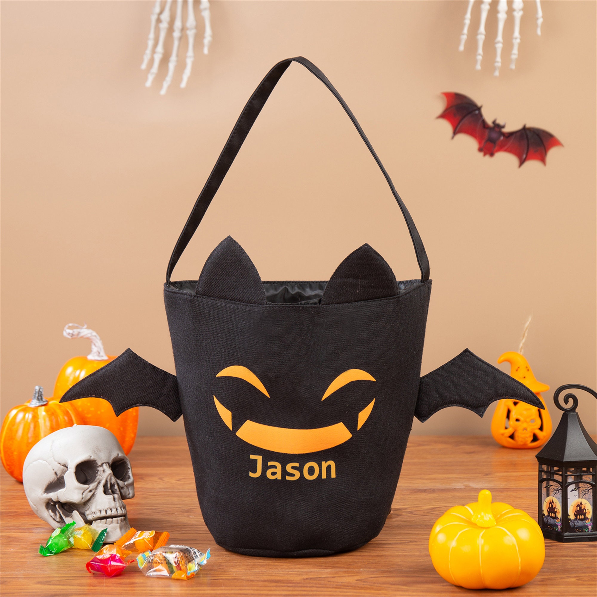Halloween Candy Bags with Name, Trick or Treat Tote, Halloween Bats Packet , Monogrammed Halloween Bucket Basket Bag for Kids
