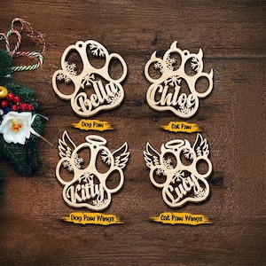 Pet Paw Christmas Tree Ornaments, Custom Dog Cat Name Ornament, Wood Laser Cut Dog Bauble, Cat Keepsake, Pet Memorial Gift, Loss of Pet Gift