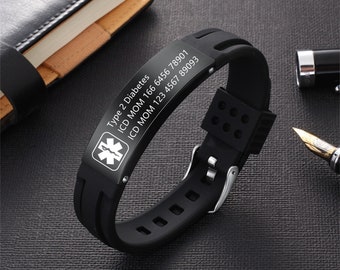 Waterproof Sport Medical Alert Bracelet, Silicone Medical Bracelet, Adjustable ID Bracelet, Health Emergency Bracelet for Men & Women