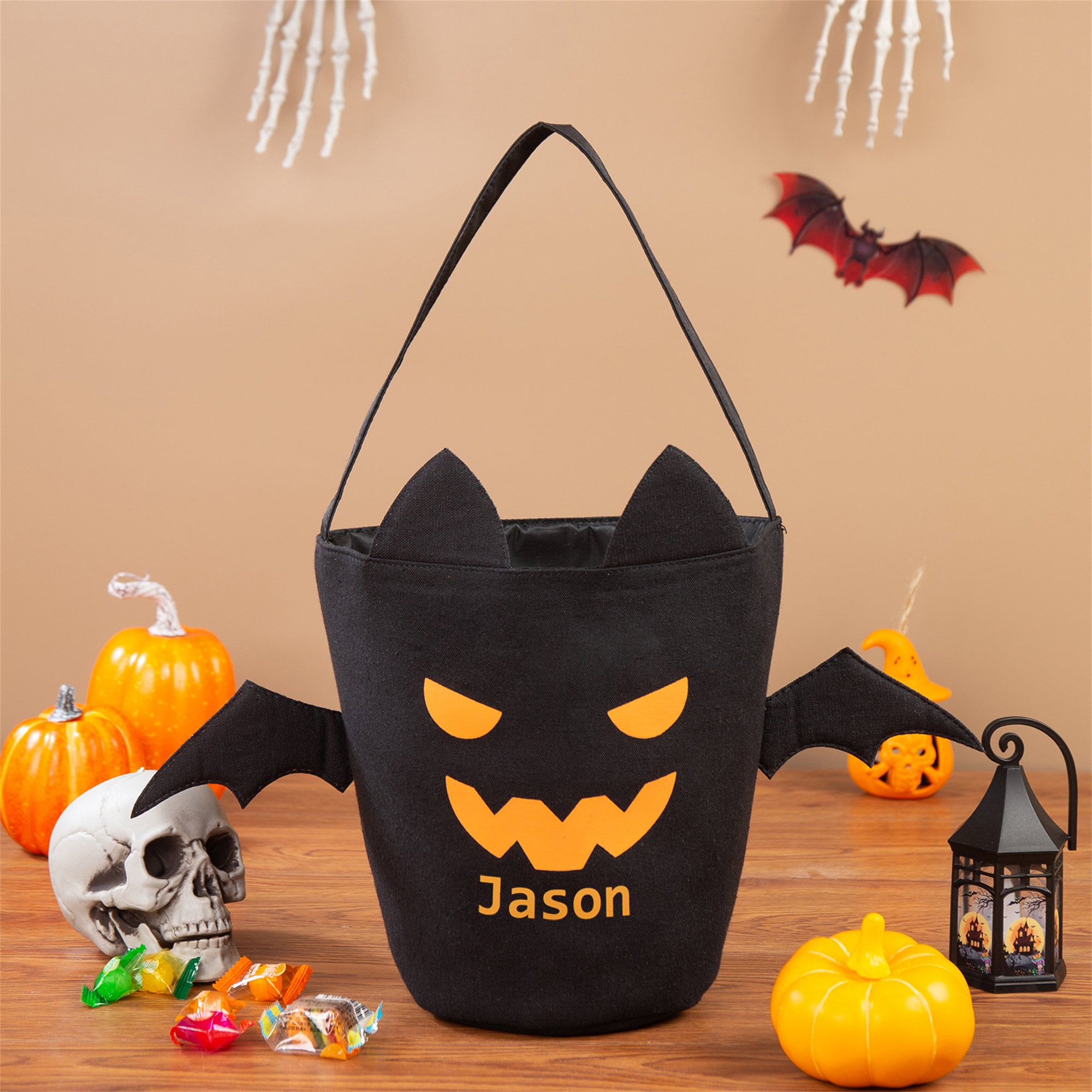 Halloween Candy Bags with Name, Trick or Treat Tote, Halloween Bats Packet , Monogrammed Halloween Bucket Basket Bag for Kids