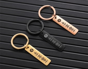 Könnte beinhalten: Drei Schlüsselanhänger mit unterschiedlichfarbigen Metallringen und einem rechteckigen Anhänger mit einem Spotify-Logo und einem Barcode. Die Schlüsselanhänger sind gold, schwarz und roségold.