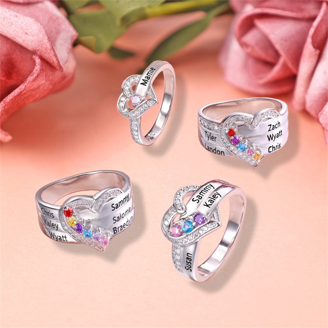 Citrine Ring Custom Engraced Name Birthstones Heart Ring