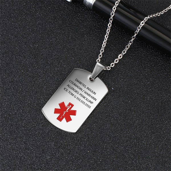 Personalized Medical Necklace for Men, Engraved Stainless Steel Alert Dog Tag Necklace, Emergency Survival ID Pendant