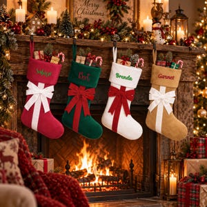 Puede incluir: Cuatro calcetines navideños personalizados colgados de una repisa de chimenea. Los calcetines son rojos, verdes, blancos y color canela, cada uno con un lazo grande, un puño bordado con un nombre y cajitas de regalo en la abertura.
