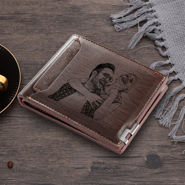 Personalized Photo Men Folding Wallet, Custom Picture Leather Wallet, Card Holder, Engraved Name Wallet, Gift For Husband,Dad,Son,Boyfriend