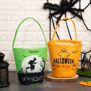 Custom Trick or Treat Bucket Bag, Trick or Treat Tote Basket with Name, Halloween Candy Bags, Halloween Gifts for Kids, Party Supplies