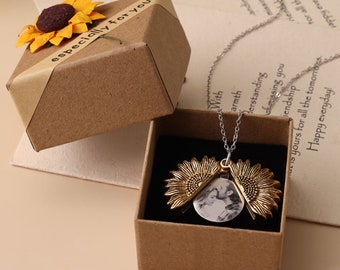 Locket Memory Necklace, You are My Sunshine Sunflower Necklace, Locket Necklace with Photo, Engraved Name Necklace with Picture Inside