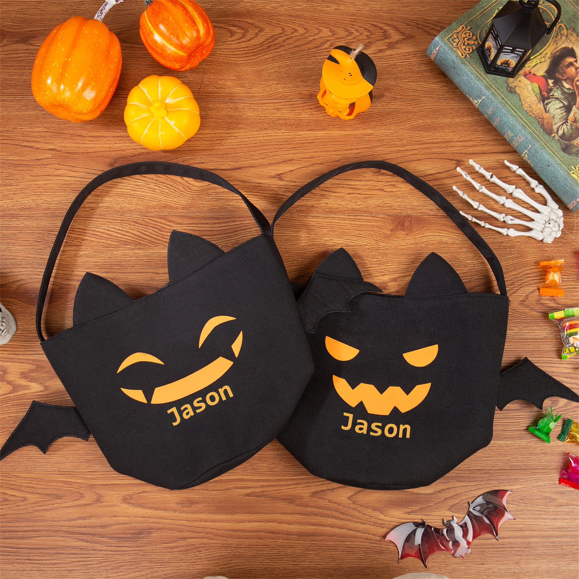 Halloween Candy Bags with Name, Trick or Treat Tote, Halloween Bats Packet , Monogrammed Halloween Bucket Basket Bag for Kids
