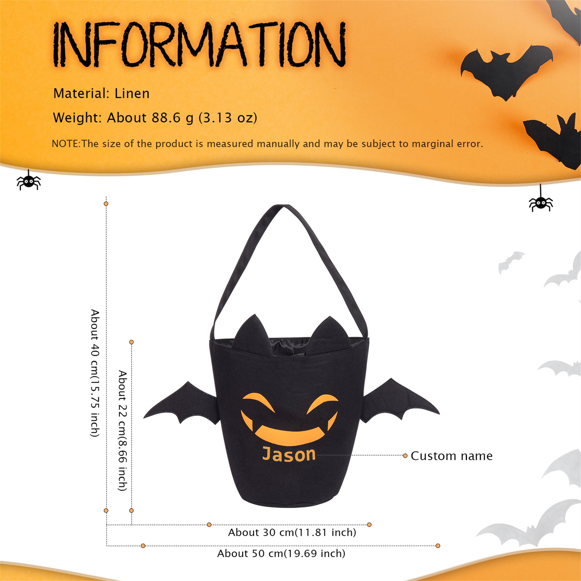 Halloween Candy Bags with Name, Trick or Treat Tote, Halloween Bats Packet , Monogrammed Halloween Bucket Basket Bag for Kids