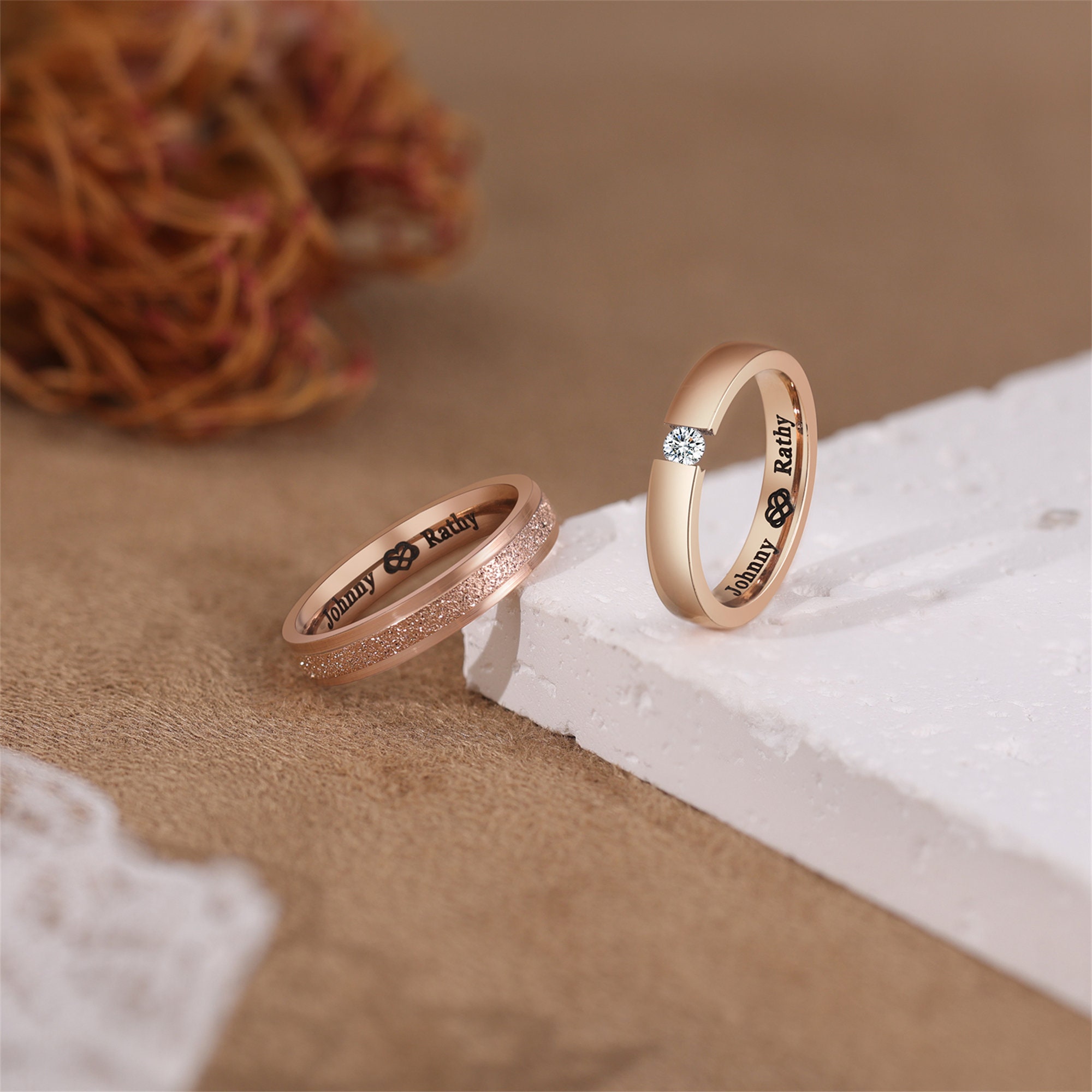 King and Queen Couple Rings His and Her Matching Rose Gold