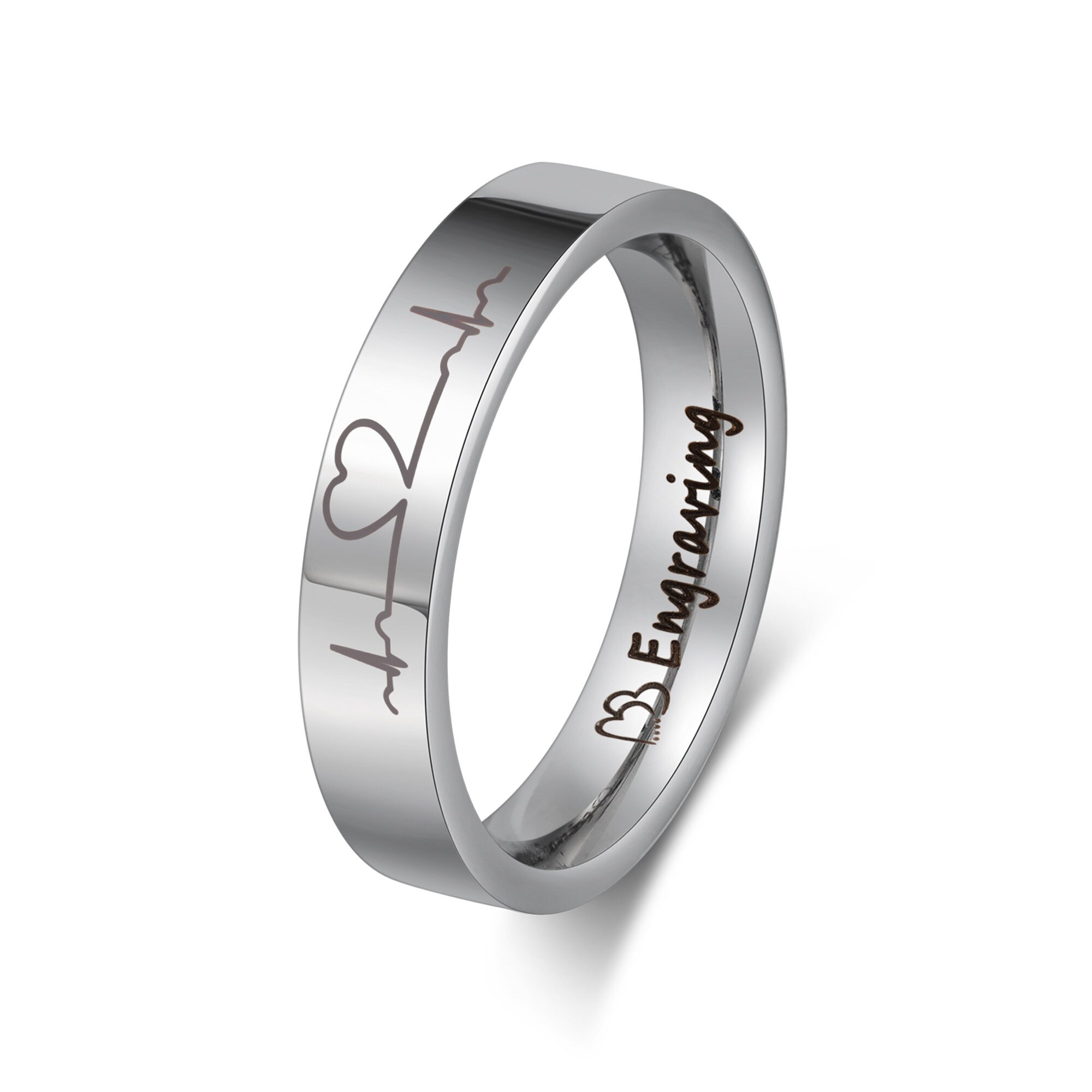 Personalized Glow In The Dark Couple Rings - Stainless Steel Heartbeat Matching Set With Free Engraving, Promise Wedding Rings For Men & Women - View #2