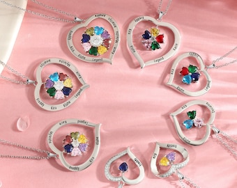 Family Birthstone Necklace, Mother Necklace, Personalized Birthstone Necklace for Mom,Custom Name Necklaces for Women,Heart Pendant