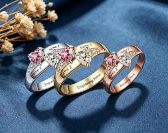 お子様の誕生石が付いた母の指輪、2つの家族の誕生石の指輪、刻印入り結婚指輪、ダブルストーンの婚約指輪、彼女へのプロミスリング