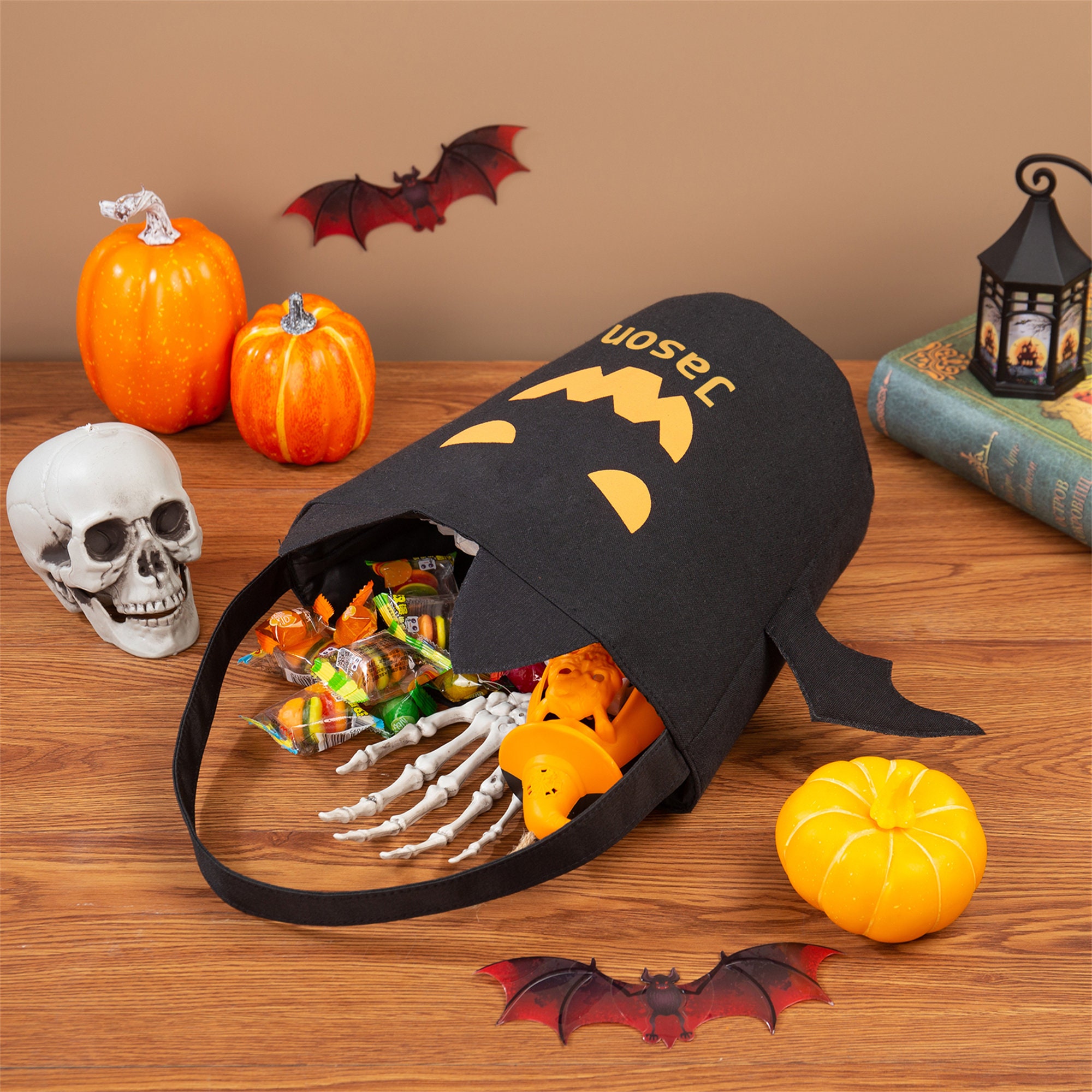 Halloween Candy Bags with Name, Trick or Treat Tote, Halloween Bats Packet , Monogrammed Halloween Bucket Basket Bag for Kids