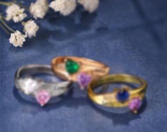 Mother's Ring With Kid's Birthstones, 2 Family Birthstone Ring, Engraved Wedding Ring, Double Stone Engagement Ring, Promise Ring for Her