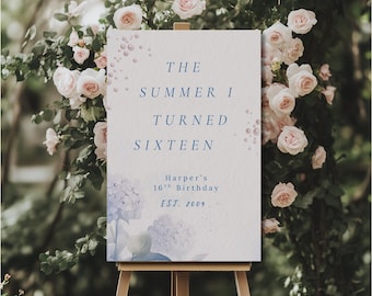 The Summer I Turned Pretty Birthday Sign Template Dusty Blue Summer Coastal Blue Hydrangeas Teen Birthday Cousins Beach Watercolor Hydrangea
