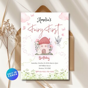Pink Fairy First Birthday Invite Editable Canva Templates; Watercolor 1st Birthday Invitation; Instant Download; Fairy Party Digital Invite