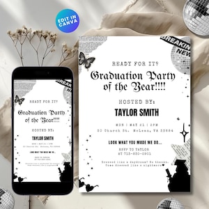Invito per la festa di laurea del tour Reputation Eras, invito per la festa di compleanno di Swiftie, palla da discoteca nera, invito elettronico per l&#39;annuncio di laurea a tema Taylor