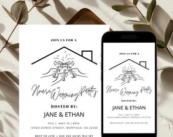 May include: Black and white housewarming party invitation with a stylized illustration of a house and hands holding glasses of champagne. The text reads "Join us for a House Warming Party" and includes the hosts' names, date, time, address, and RSVP information.