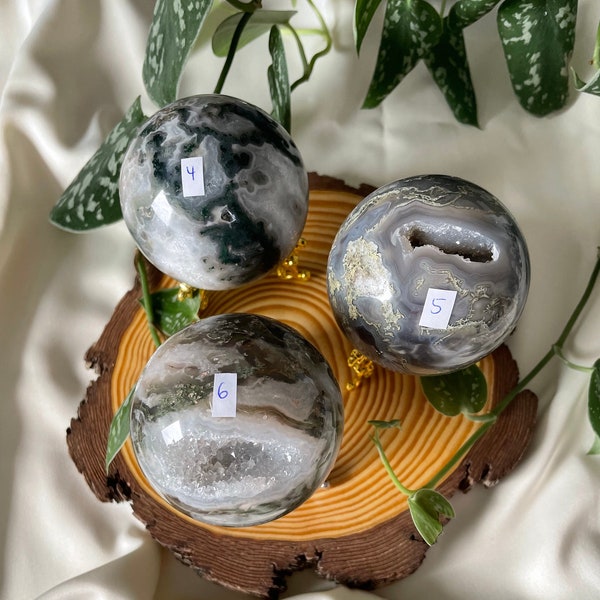 Moosachat Kugel mit Druse, 60-70mm| Moosachat | Moss Agate Sphere | wunderschöne Muster | Kristalle | Heilstein