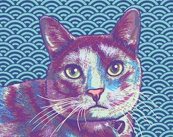 May include: A close-up of a cat with purple, blue, and green fur. The cat is looking directly at the viewer with a serious expression. The background is a blue and teal pattern of overlapping semi-circles.
